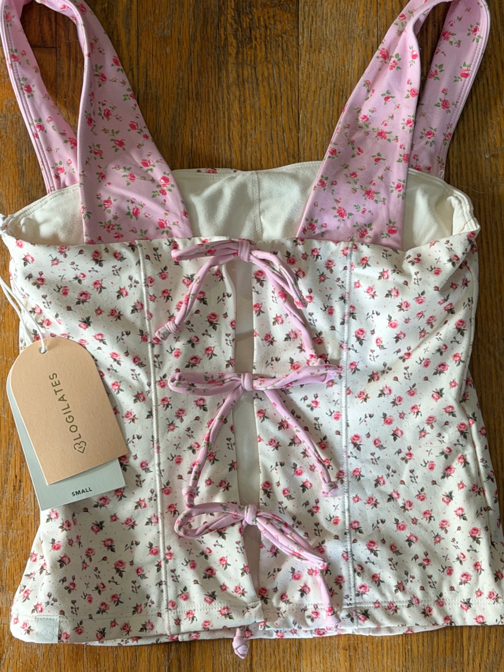 Blogilates Floral Corset back Top with Pink Tie Accents women’s small